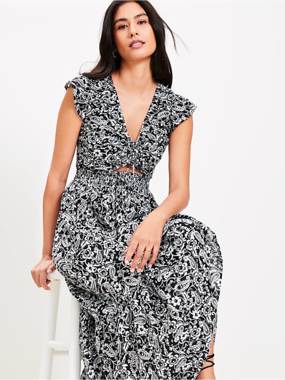 LOFT Black and White Paisley Maxi Dress with Smocked Waist